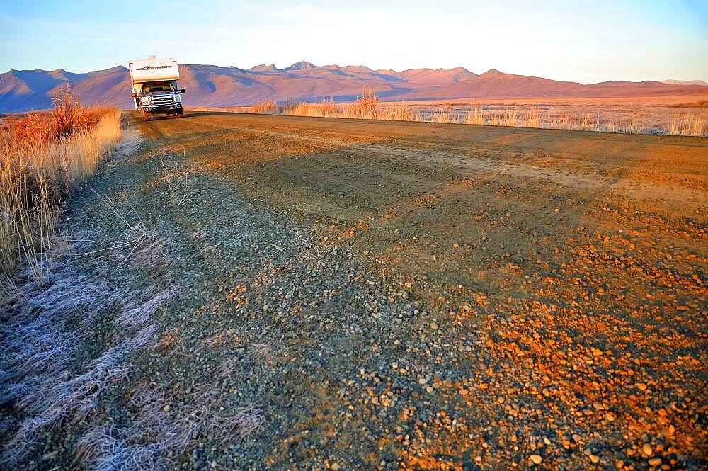 Motorhome on gravel road, Dempster Highway, Yukon, Canada, North America