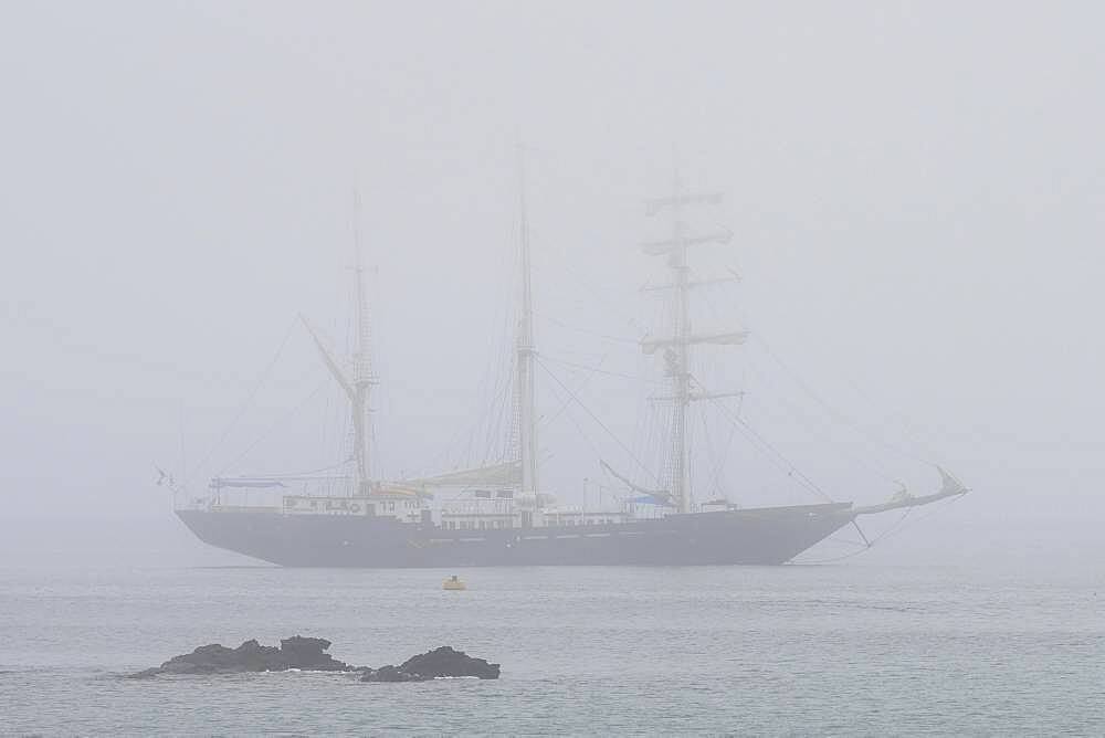 Sailing ship, three-master at anchor in fog, Floreana Island, Galapagos, Ecuador, South America