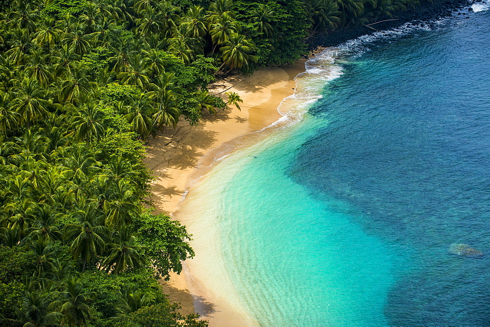 Overlook over banana beach, Unesco biosphere reserve, Principe, Sao Tome and Principe, Atlantic Ocean, Africa