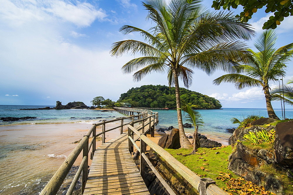 Long wooden pier in the Bom Bom Resort, Unesco biosphere reserve, Principe, Sao Tome and Principe, Atlantic Ocean, Africa