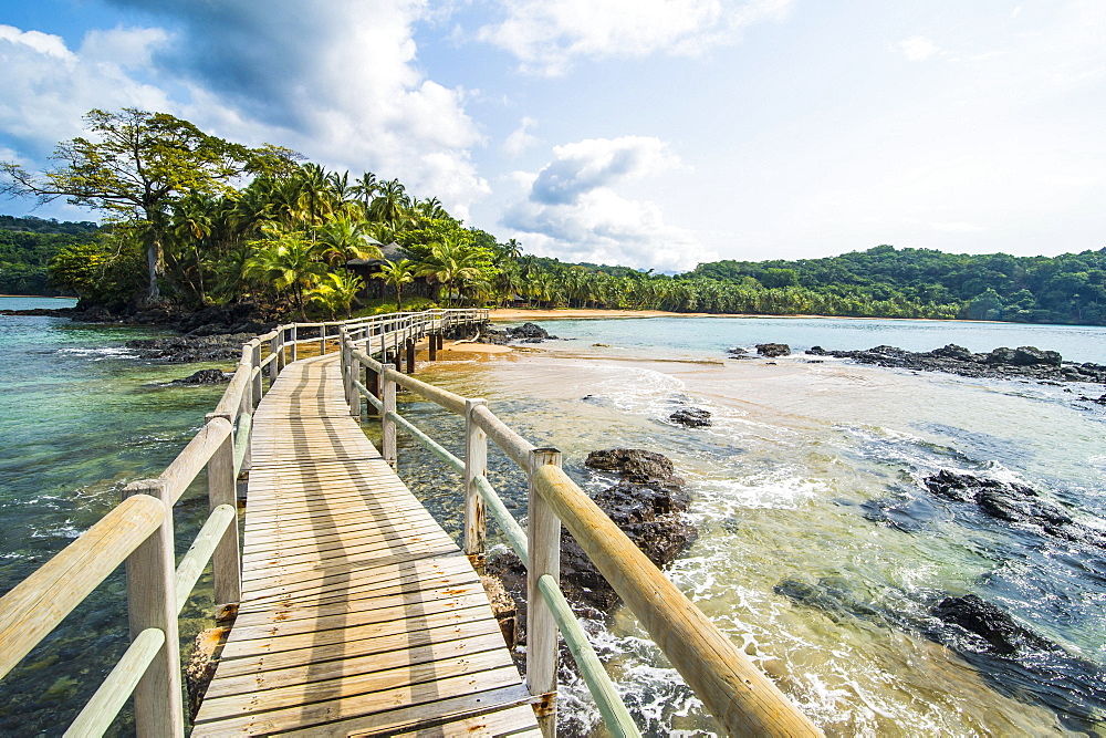 Long wooden pier in the Bom Bom Resort, Unesco biosphere reserve, Principe, Sao Tome and Principe, Atlantic Ocean, Africa