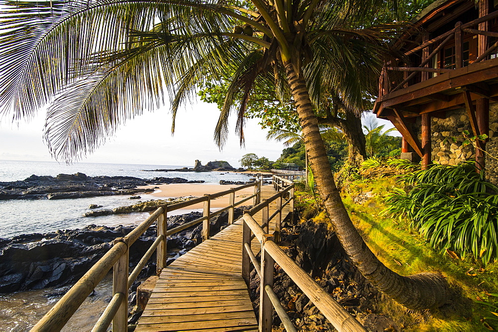 Long wooden pier in the Bom Bom Resort, Unesco biosphere reserve, Principe, Sao Tome and Principe, Atlantic Ocean, Africa