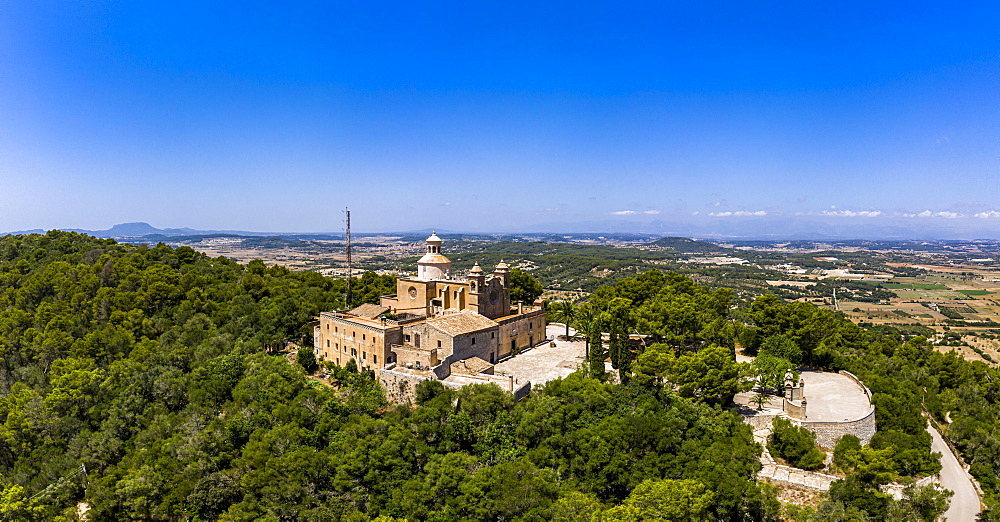 Aerial view, monastery Santuari de Bonany near Petra, Majorca, Balearic Islands, Spain, Europe