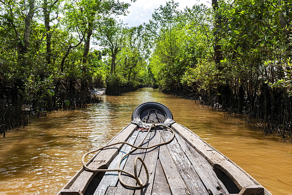 Rowing through a small water channel, Cai Be, Mekong Delta, Vietnam, Asia