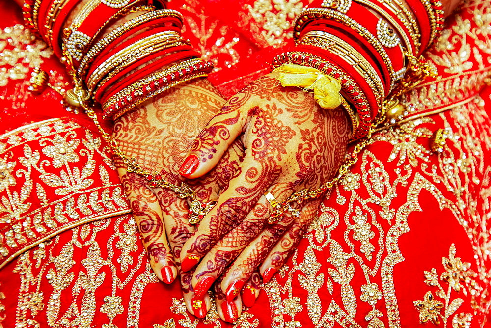 Close up of mehendi on bride's hand, Mauritius, Africa