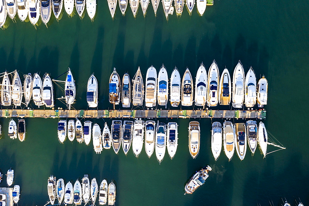 Andratx, Port d'Andratx, boats at the jetty from above, Majorca, Balearic Islands, Spain, Europe