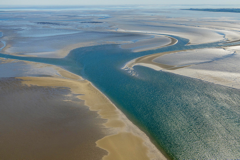 Aerial view, tidal flat between Harlesiel and Wangerooge, Wadden Sea National Park, coast, North Sea, North Frisia, Schleswig-Holstein, Germany, Europe