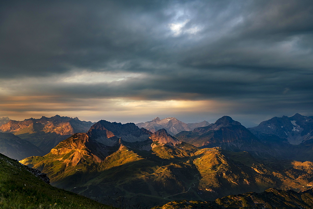 Dramatic light and cloud atmosphere over Allgaeu and Lechtal Alps, Baad, Kleinwalsertal, Vorarlberg, Austria, Europe