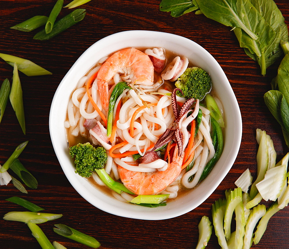 Chinese noodles soup with prawns and vegatable