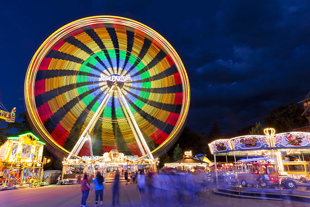 Ferris wheel at night, long time exposure, Biberacher Schuetzenfest, Gigelberg amusement park, Biberach a. d. Riss, Upper Swabia, Baden-Wuerttemberg, Germany, Europe