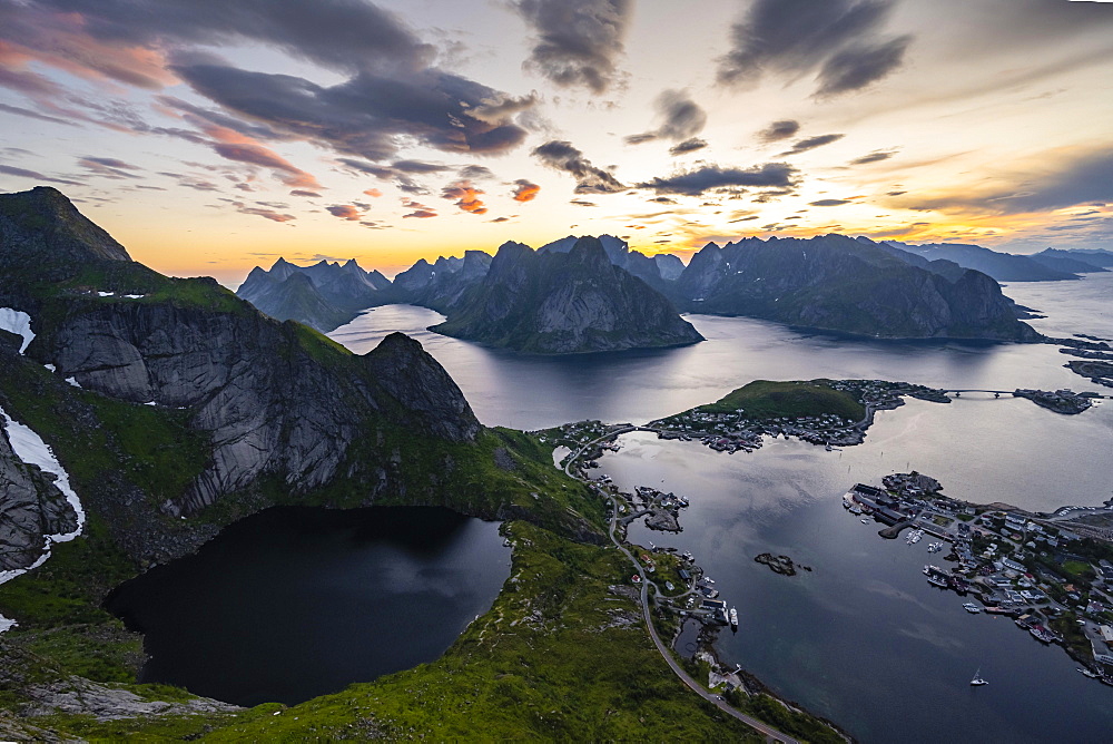 Evening atmosphere, view from Reinebringen, Reinebriggen, Hamnoy, Reine and the Reinefjord with Bergen, Moskenes, Moskenesoey, Lofoten, Norway, Europe