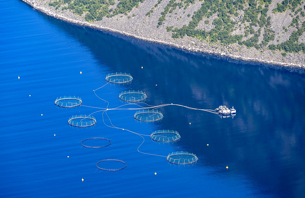 Aquaculture, fish farm in a fjord, Nordland, Norway, Europe