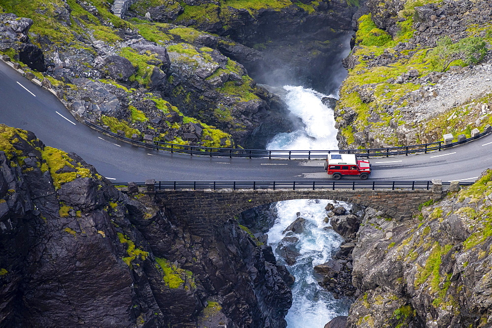 Single car on the mountain road Trollstigen, near Andalsnes, More og Romsdal, Vestland, Norway, Europe