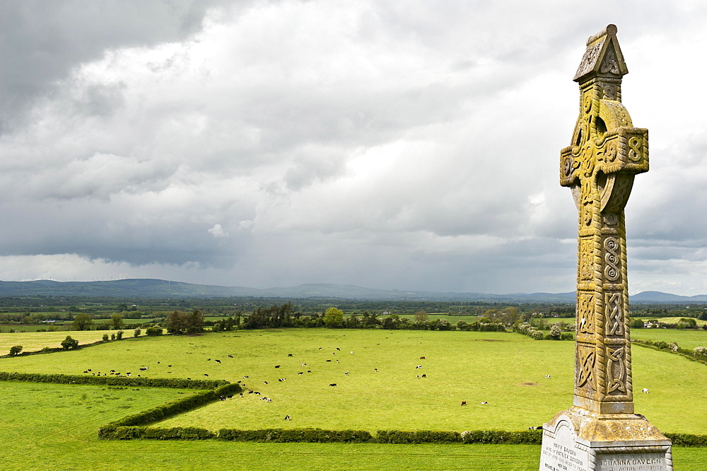 Irish cross, ornamented high cross, meadow, wide pasture, view from Rock of Cashel, County Tipperary, Ireland, Europe