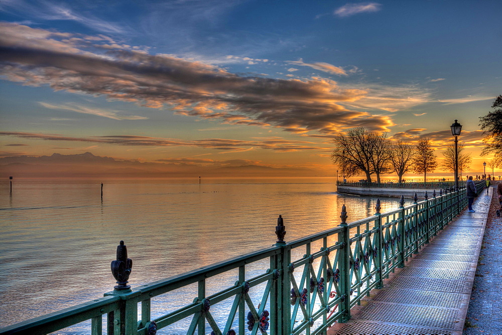 Castle waterfront at sunset, Friedrichshafen, Baden-Wuerttemberg, Germany, Europe