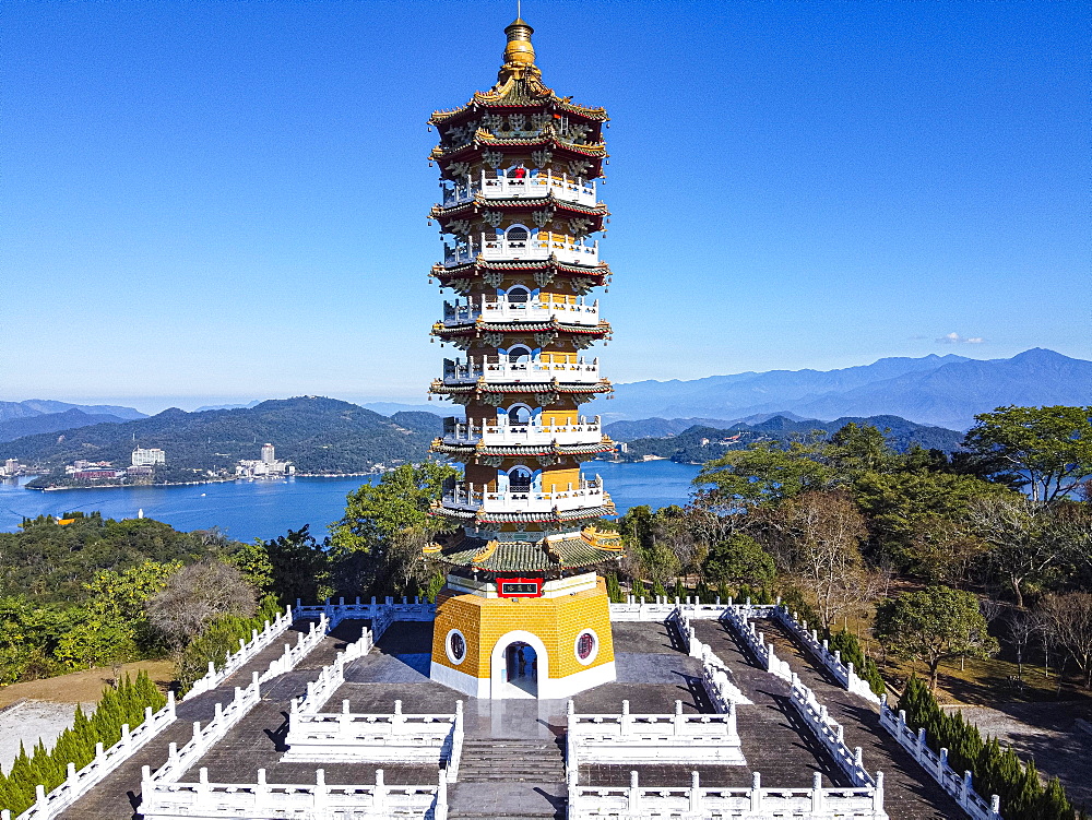 Aerial over the Ci'en Pagoda and Sun Moon Lake, National Scenic Area, Nantou county, Taiwan, Yuchi, Nantou County, Taiwan, Asia