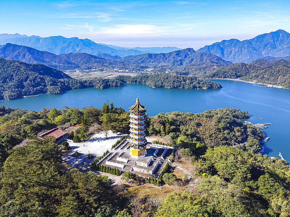 Aerial over the Ci'en Pagoda and Sun Moon Lake, National Scenic Area, Nantou county, Taiwan, Yuchi, Nantou County, Taiwan, Asia