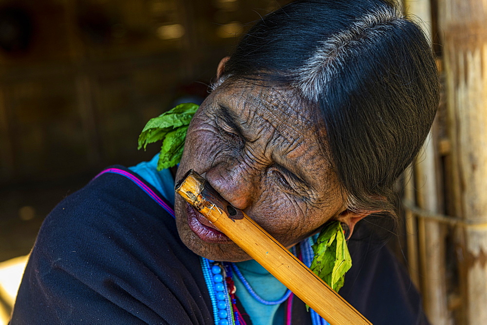 Chin woman with spiderweb tattoo blowing a flute with her nose, Kanpelet, Chin state, Myanmar, Asia