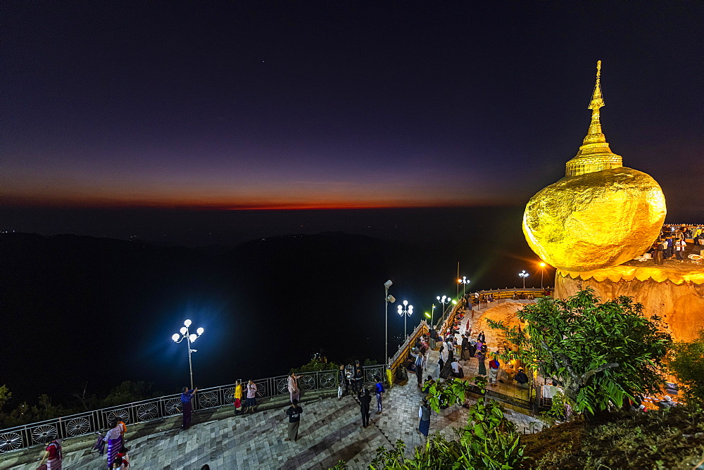 Kyaiktiyo Pagoda, golden rock after sunset, Mon state, Myanmar, Asia