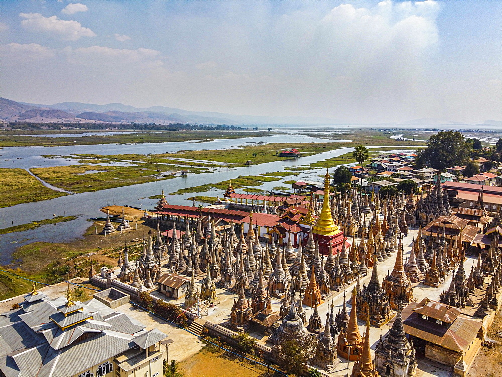 Aerial of the Tharkong Pagoda, southern Inle lake, Shan state, Myanmar, Nyaungshwe Township, Shan State, Myanmar, Asia