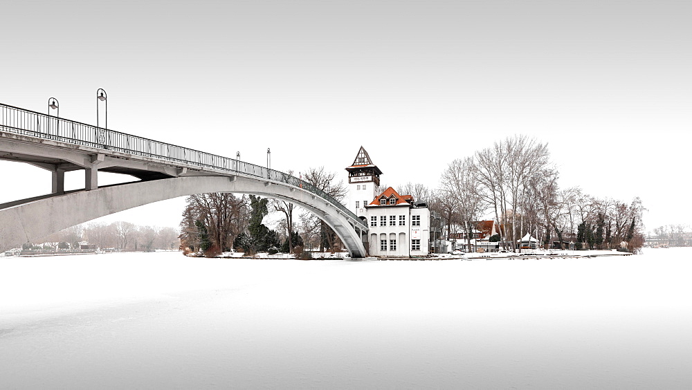 Frozen and snowy island of youth in Treptower Park, Berlin, Germany, Europe