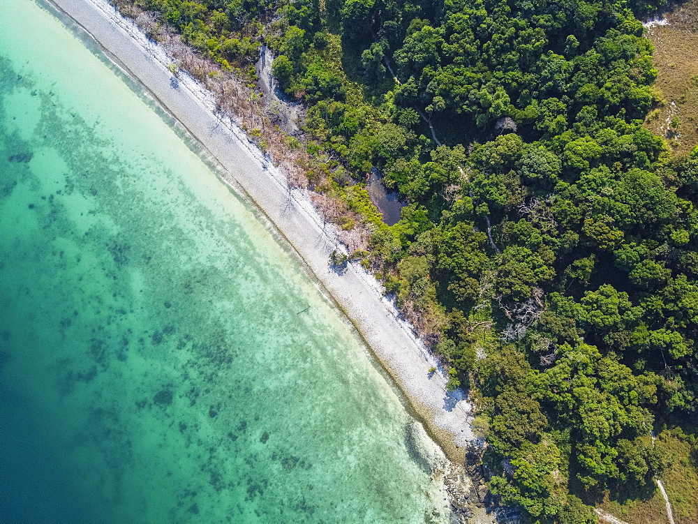 Aerial of a white sand beach on smart islandMergui or Myeik Archipelago, Myanmar, Asia