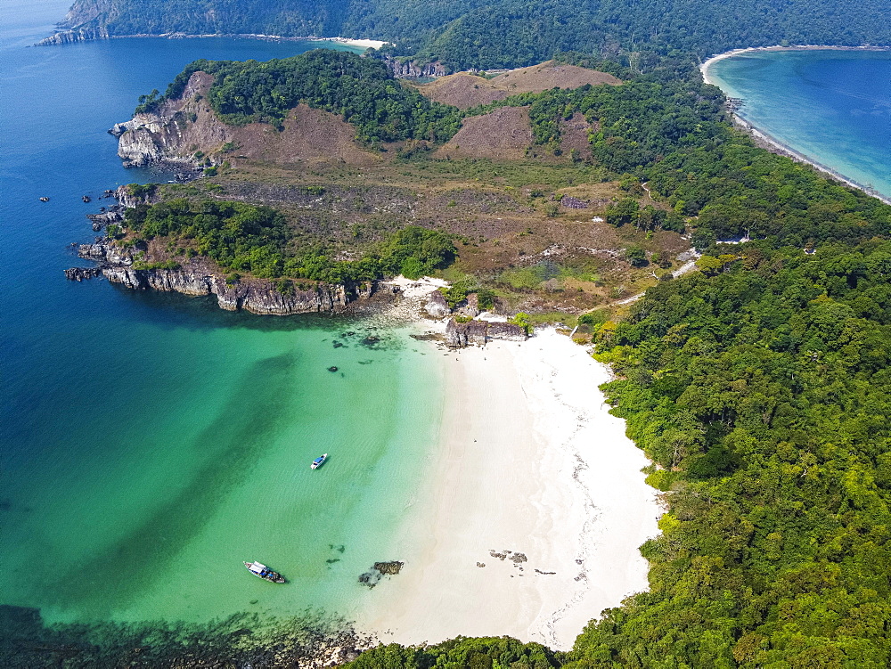 Aerial of a white sand beach on Smart island, Mergui or Myeik Archipelago, Myanmar, Asia