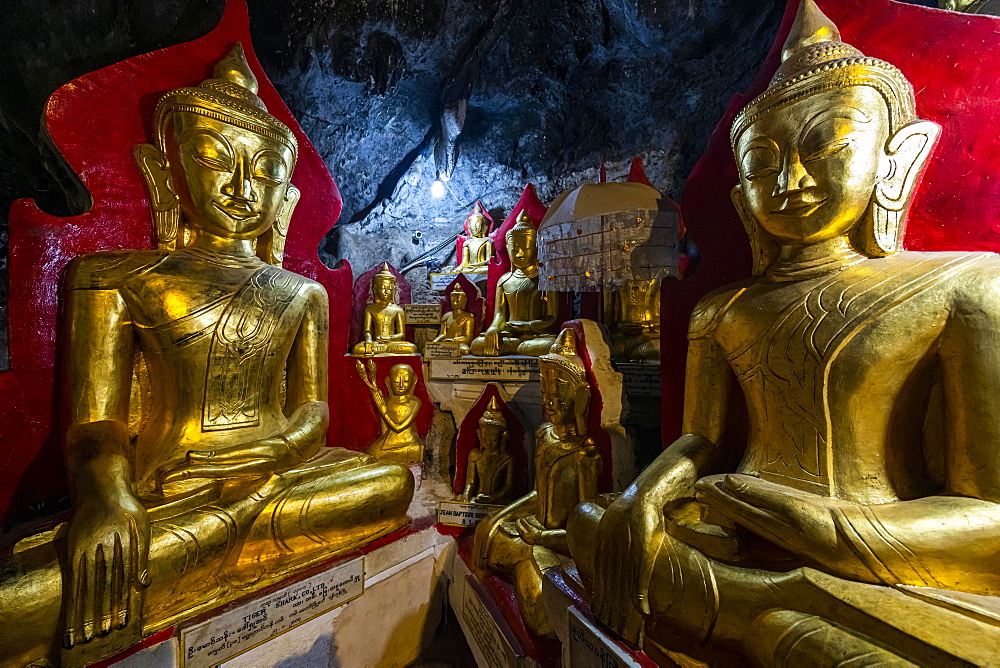 Gilded buddha images in the caves at Pindaya, Shan state, Myanmar, Asia