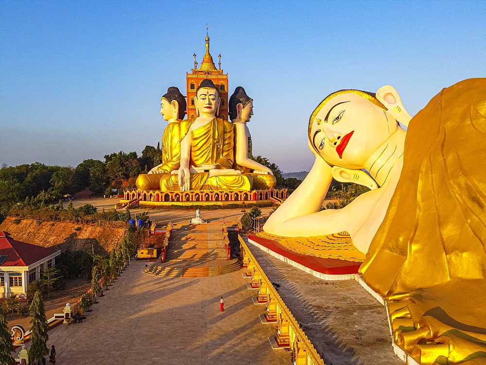 Aerial of the huge sitting and reclining buddhas Ko Yin Lay, Pupawadoy Monastery near Ye, Mon state, Myanmar, Ye, Mon State, Myanmar, Asia