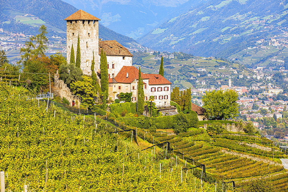 Lebenberg Castle above vineyards, view from the Marlinger Waalweg, Province of Bolzano, South Tyrol, Italy, Europe