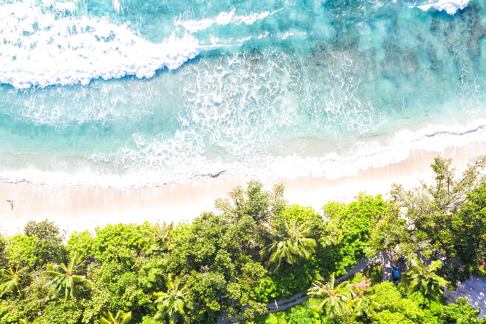 Seychelles Takamaka beach Mahe text free space copyspace paradise ocean drone image bird's eye view , Seychelles, Africa