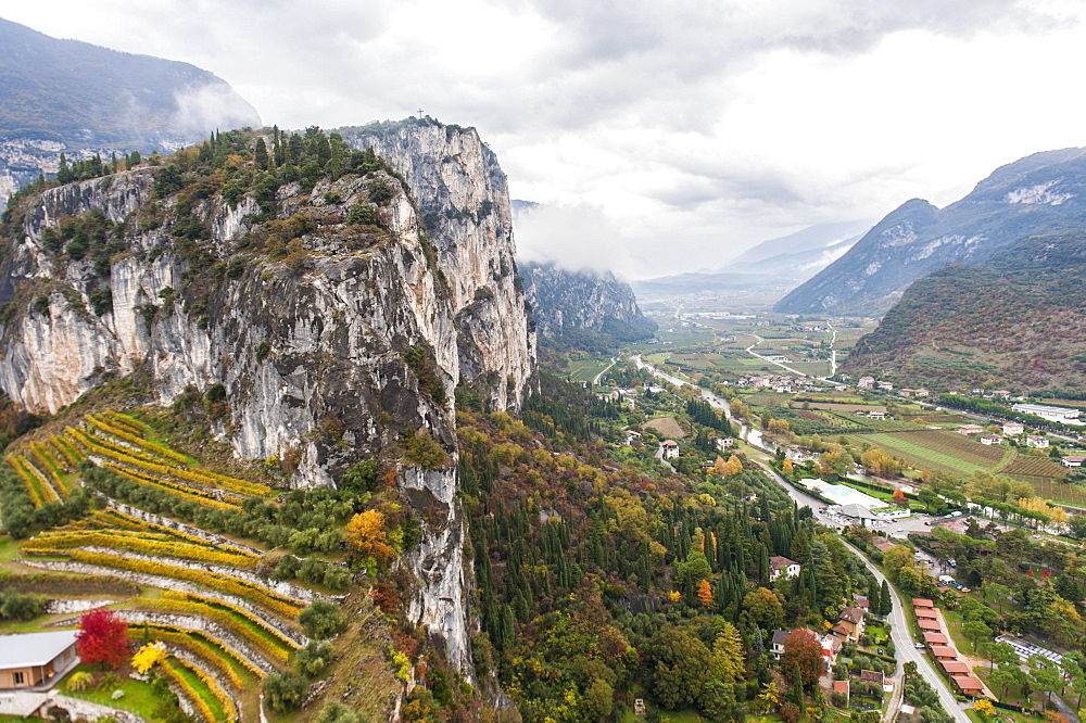 View from the ruins of Arco Castle, Castello di Arco, climbing rock Croce dei Colodri and Sarca Valley, Trento Province, Trentino, Italy, Europe