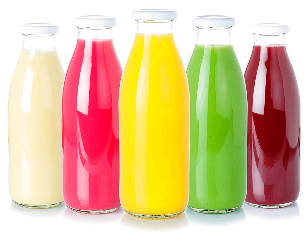 Various juices fruit juice drinks drink juice glass bottle cropped cutout isolated against a white background