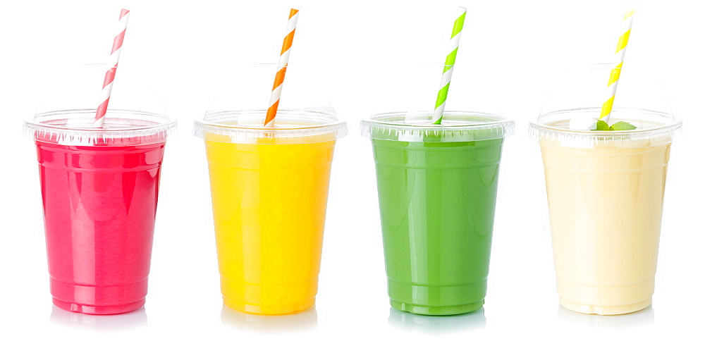 Various juices fruit juice drink juice in plastic cup exempted cutout isolated against a white background