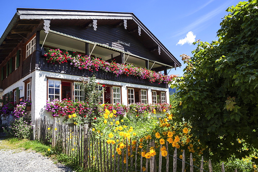 Old farmhouse with farm garden in Schwand, near Oberstdorf, Oberallgaeu, Allgaeu, Bavaria, Germany, Europe