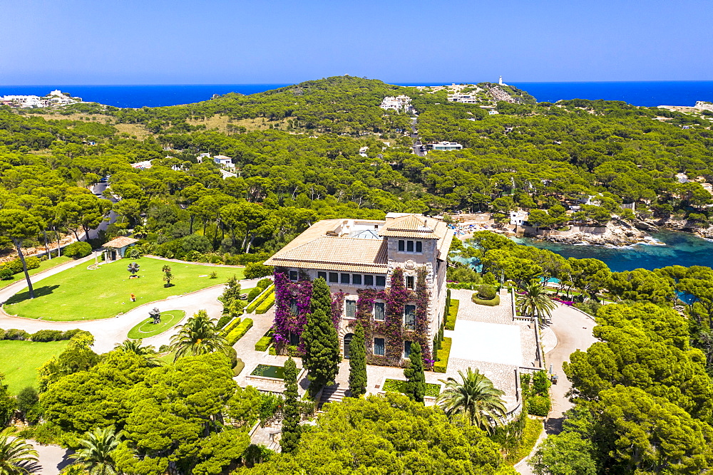 Aerial view, Villa March, Sa Torre Cega palace, Cala Gat, Cala Ratjada, Majorca, Balearic Islands, Spain, Europe