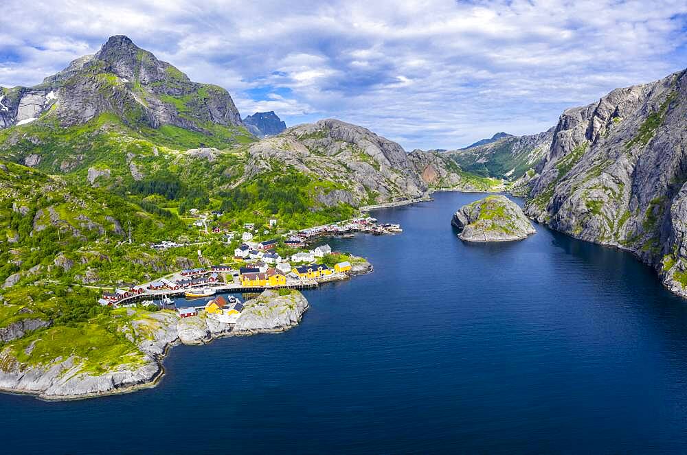 Aerial view, view of harbour and rorbuer cabins, historic fishing village Nusfjord, Lofoten, Nordland, Norway, Europe