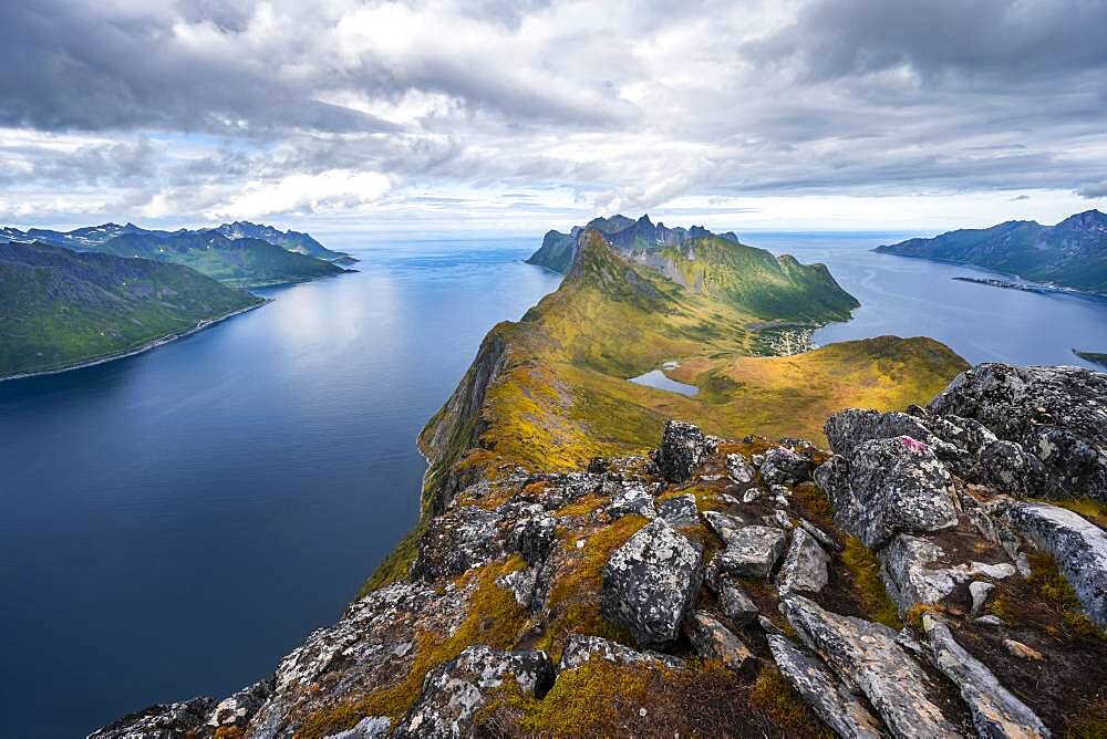 Mountain panorama, fjord and mountains, in the back mountain Segla, view from mountain Barden, Senja, Norway, Europe