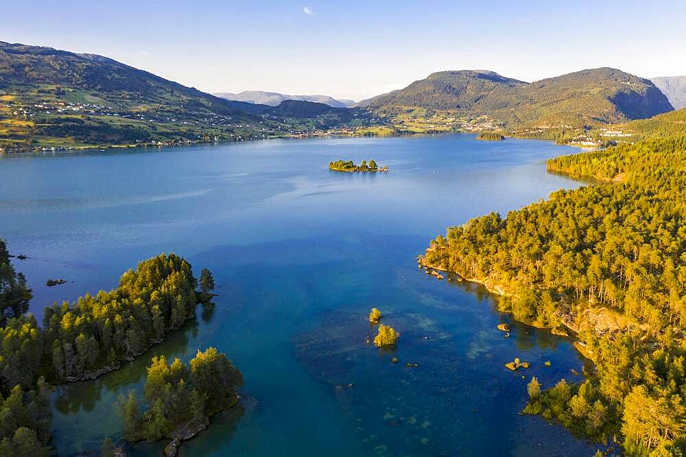 Aerial view, forest and landscape, evening mood at lake Hafslovatnet, Hafslo, Vestland, Norway, Europe