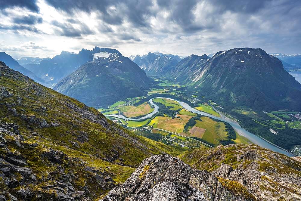 View from the hike Romsdalseggen, mountain ridge, Rauma river, Romsdalfjellene mountains, Andalsnes, More og Romsdal, Norway, Europe