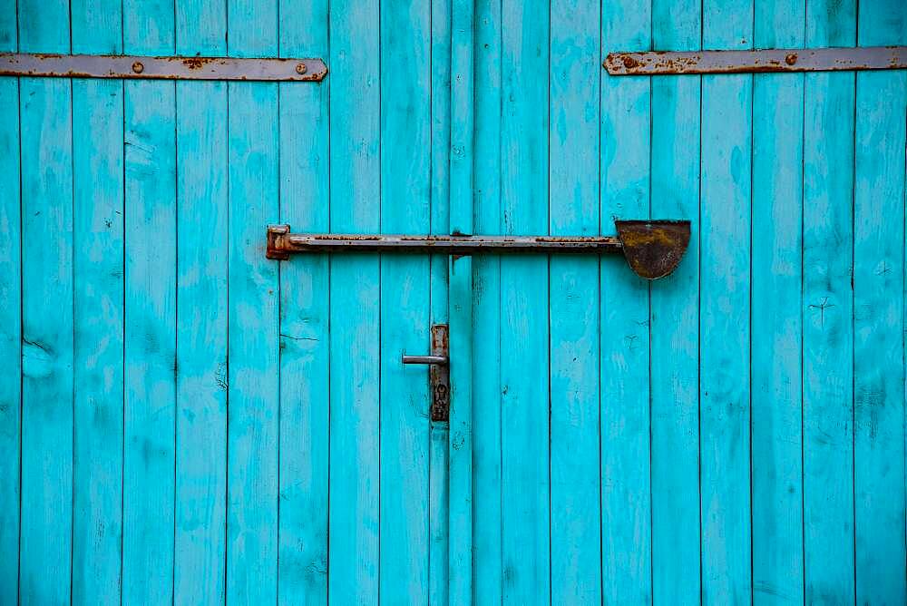 Turquoise garage door, detail, Mecklenburg-Western Pomerania, Germany, Europe