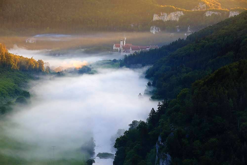 Archabbey St. Martin, Benedictine monastery, fog, Danube valley, Beuron, Upper Danube nature park Park, Baden-Wuerttemberg, Germany, Europe