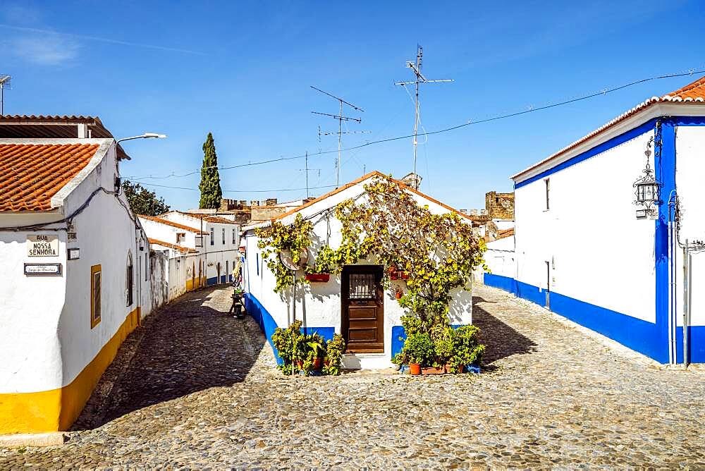 Charming whitewashed architecture of historical Vila Vicosa, Alentejo, Portugal, Europe