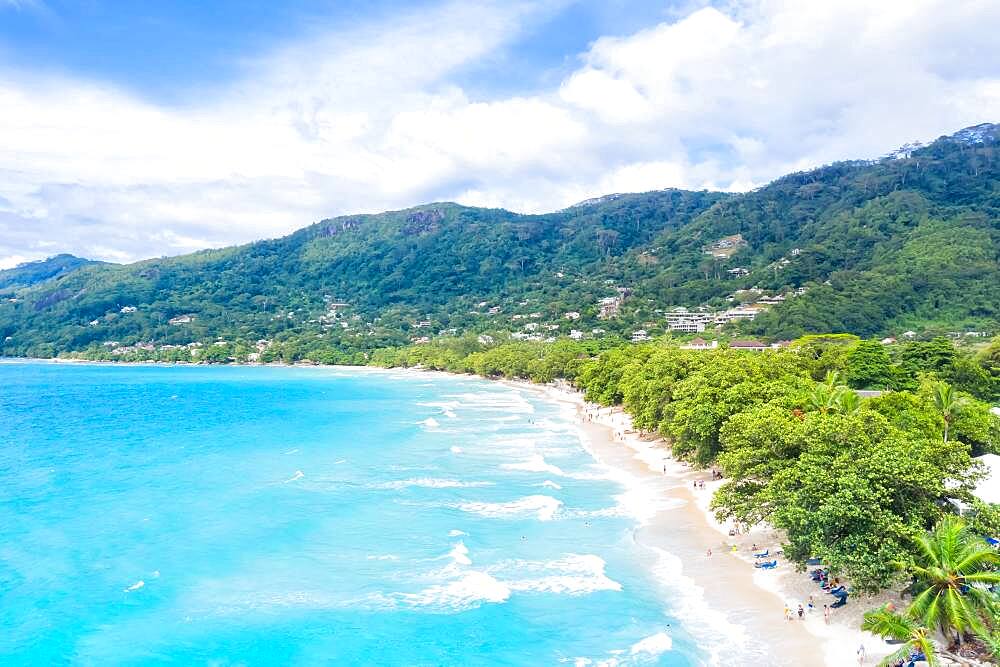 Beach nature paradise drone aerial bird's eye view on Mahe island, Seychelles, Africa