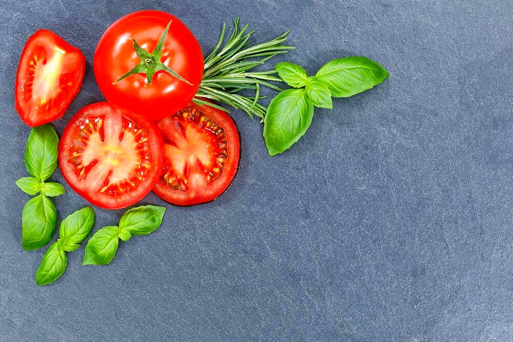 Tomatoes with basil Vegetables from above Slate Text Free Space Copyspace Copy Space