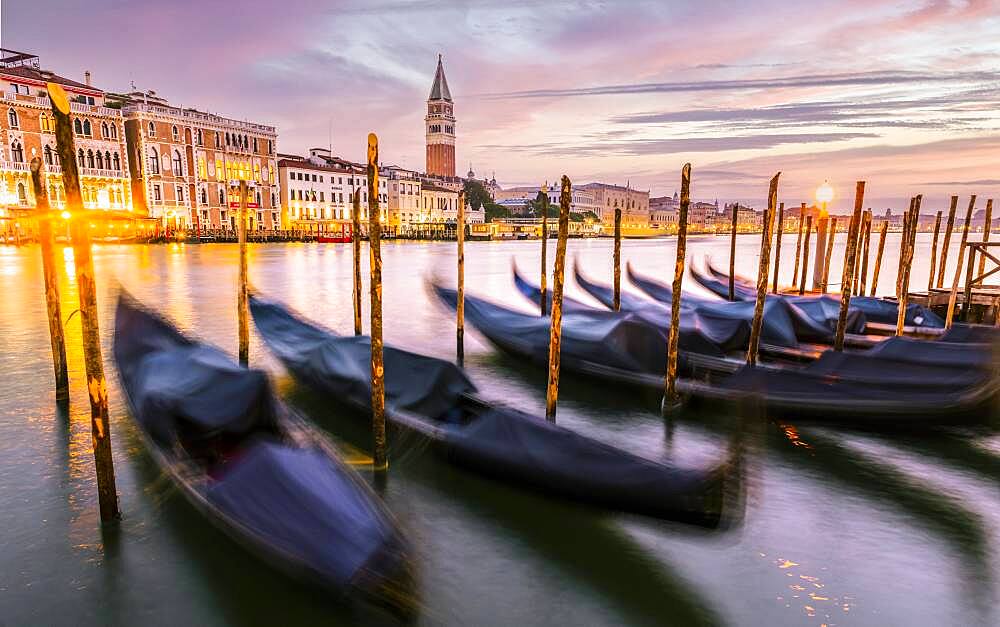 Evening atmosphere, sunset at the Grand Canal, gondolas at the pier, Campanile bell tower, Venice, Veneto region, Italy, Europe