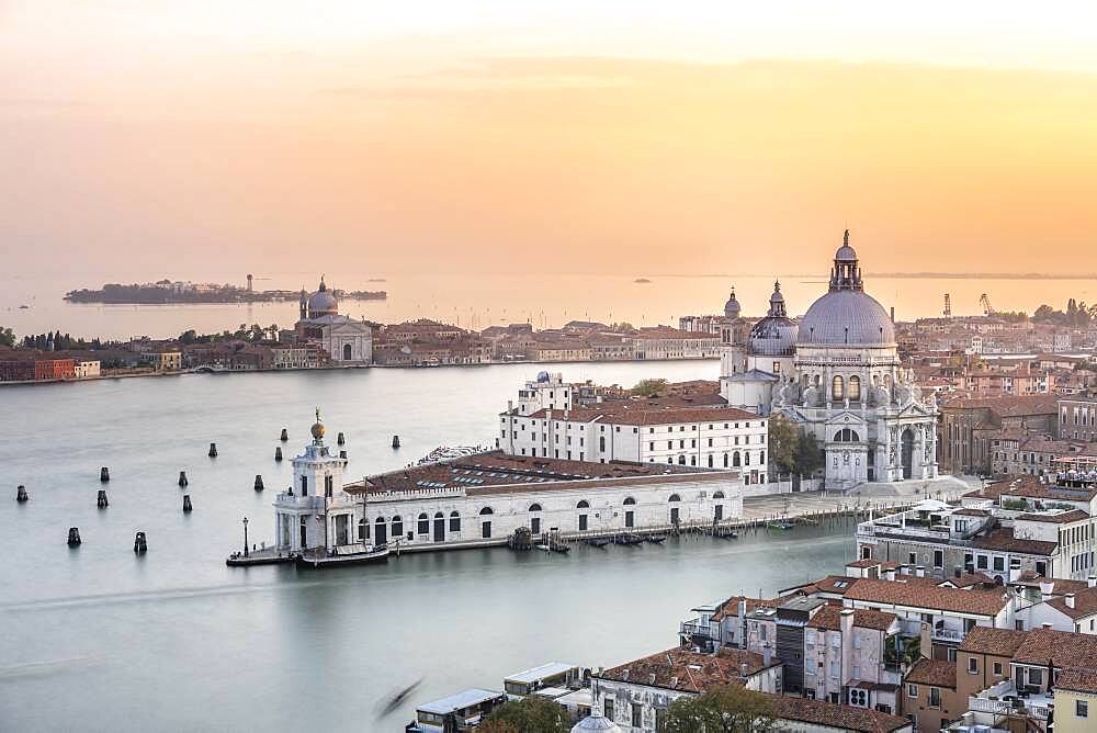 Evening atmosphere, Basilica di Santa Maria della Salute, view from the bell tower Campanile di San Marco, city view of Venice, Veneto, Italy, Europe