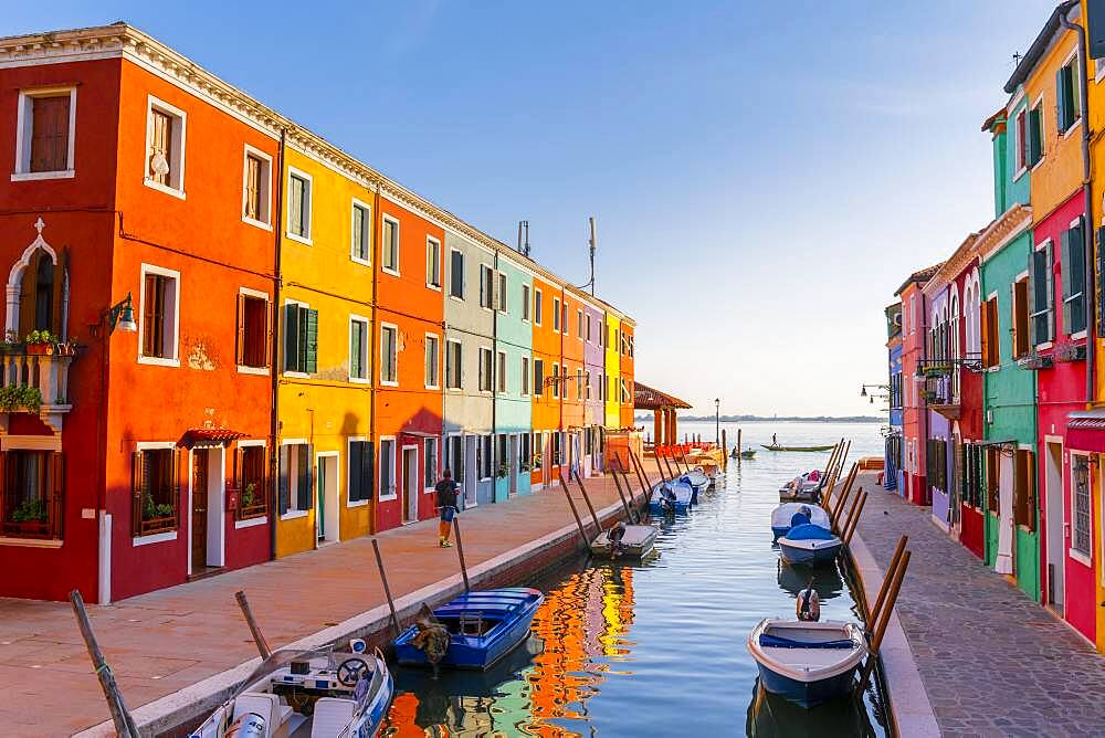 Canal with boats, Colorful houses, Colorful facade, Burano island, Venice, Veneto, Italy, Europe