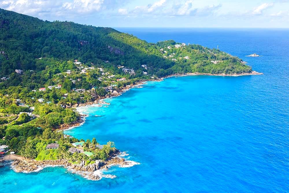 Landscape sea luxury villa beach ocean aerial view bird's eye view, Mahe, Seychelles, Africa