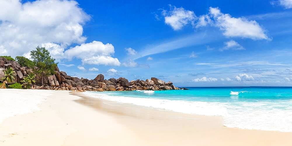 Grand Anse beach panorama holiday vacation, La Digue, Seychelles, Africa